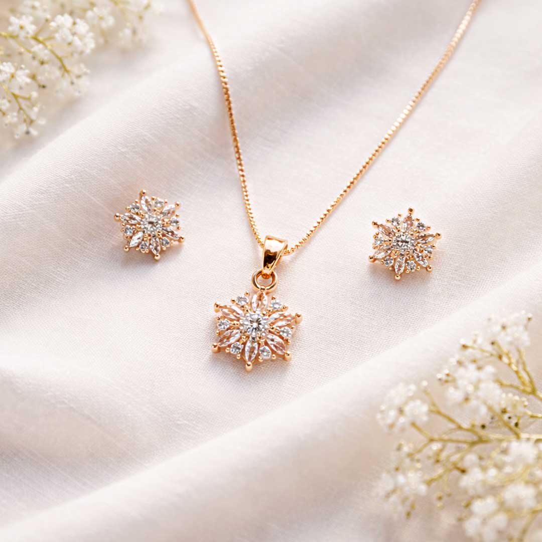 Suwasna Rose Gold Floral Burst CZ Pendant Necklace Set with Matching Stud Earrings | Elegant Minimal Jewelry