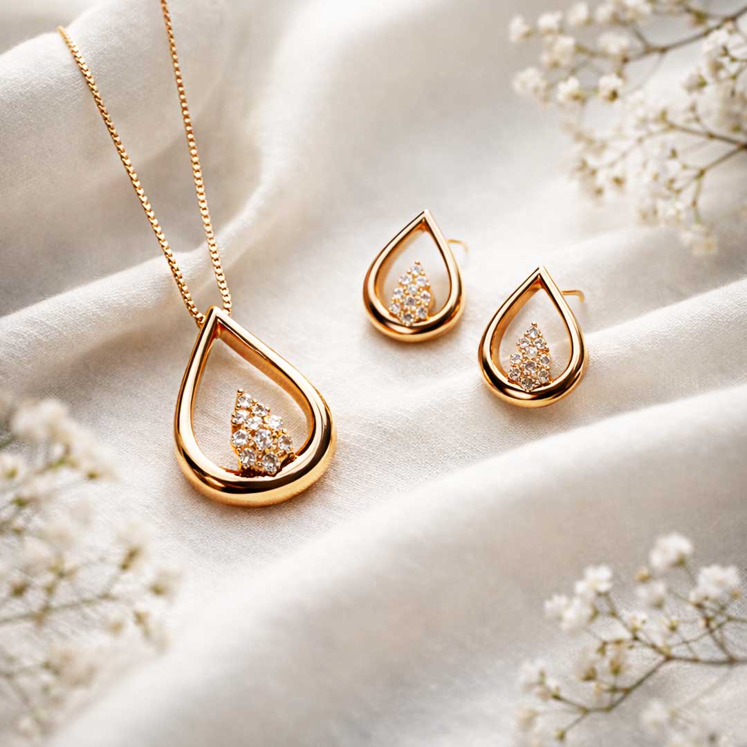 Suwasna Rose Gold Teardrop CZ Pendant Necklace Set with Matching Stud Earrings | Elegant Minimal Jewelry