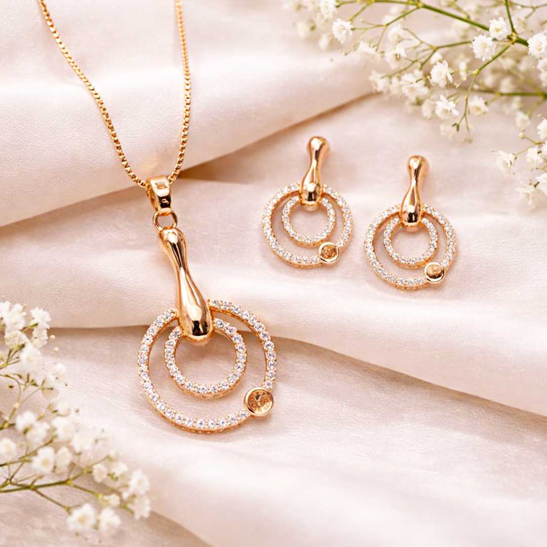 Suwasna Rose Gold Circular CZ Pendant Necklace Set with Matching Stud Earrings | Elegant Minimal Jewelry