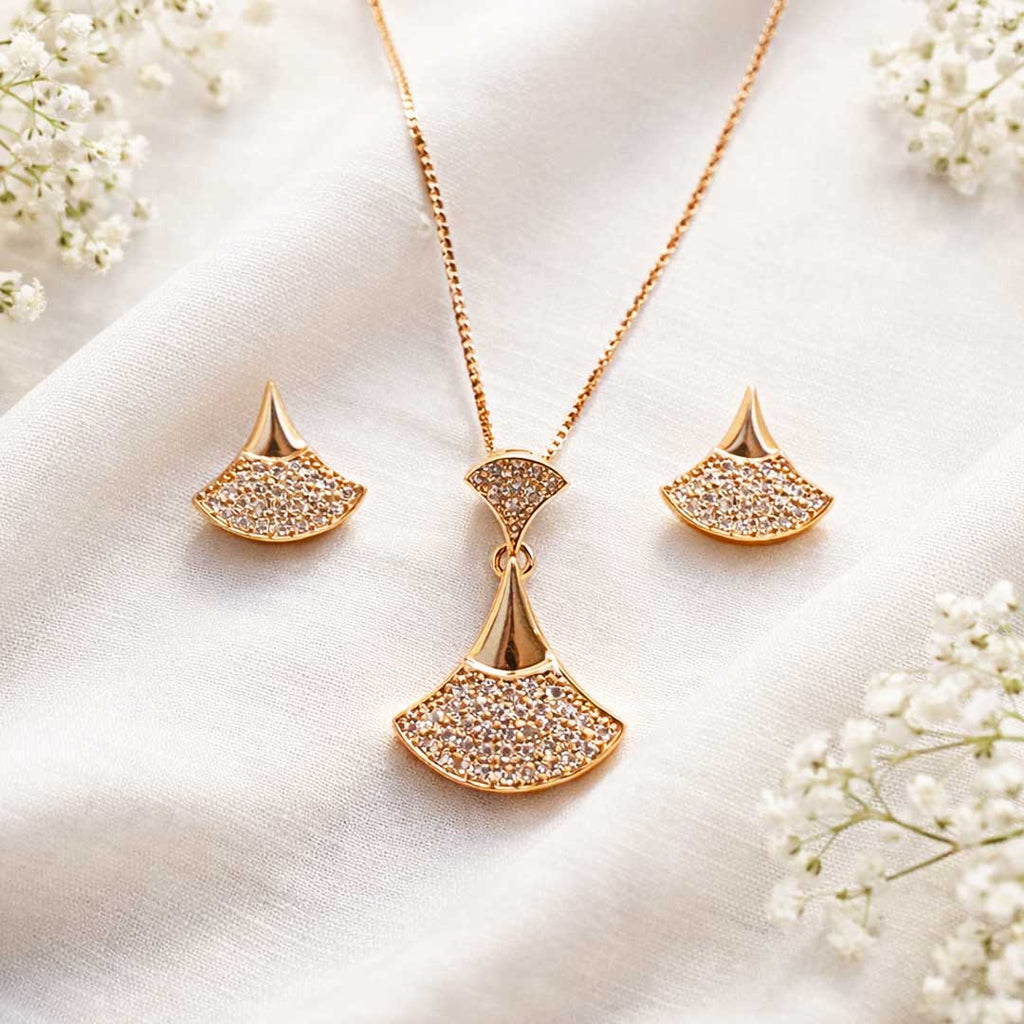 Suwasna Rose Gold Fan-Shaped CZ Pendant Necklace Set with Matching Stud Earrings | Elegant Minimal Jewelry