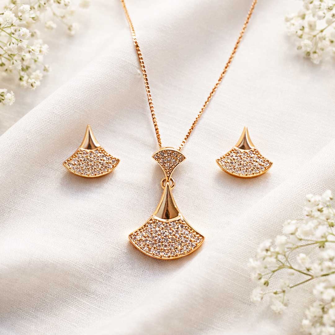 Suwasna Rose Gold Fan-Shaped CZ Pendant Necklace Set with Matching Stud Earrings | Elegant Minimal Jewelry