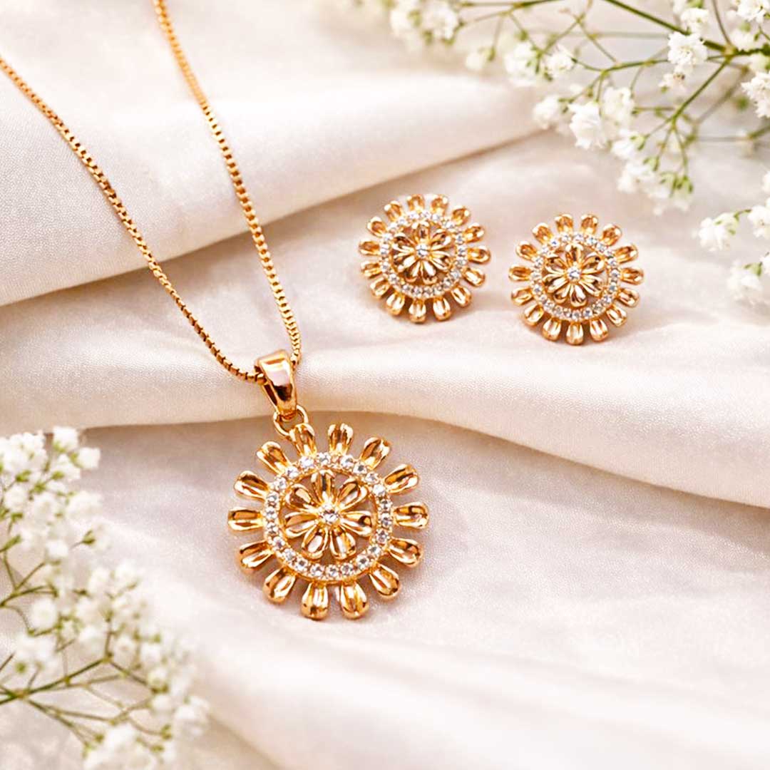 Suwasna Rose Gold Floral Medallion CZ Pendant Necklace Set with Matching Stud Earrings | Elegant Minimal Jewelry