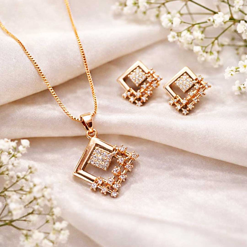 Suwasna Rose Gold Geometric Square CZ Pendant Necklace Set with Matching Stud Earrings | Elegant Minimal Jewelry
