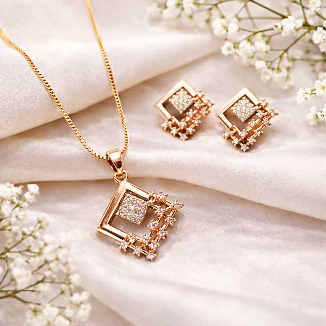 Suwasna Rose Gold Geometric Square CZ Pendant Necklace Set with Matching Stud Earrings | Elegant Minimal Jewelry