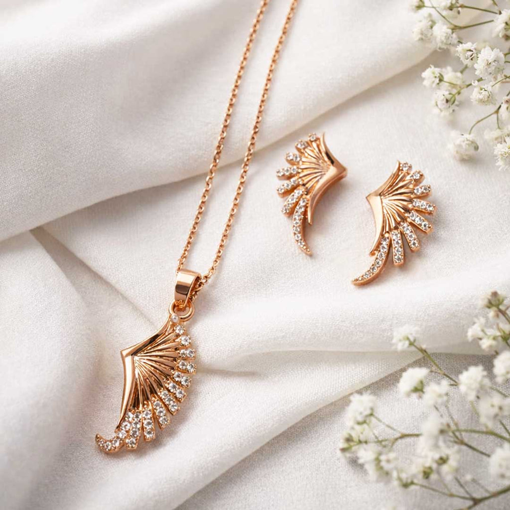 Suwasna Rose Gold Wing-Inspired CZ Pendant Necklace Set with Matching Stud Earrings | Elegant Minimal Jewelry
