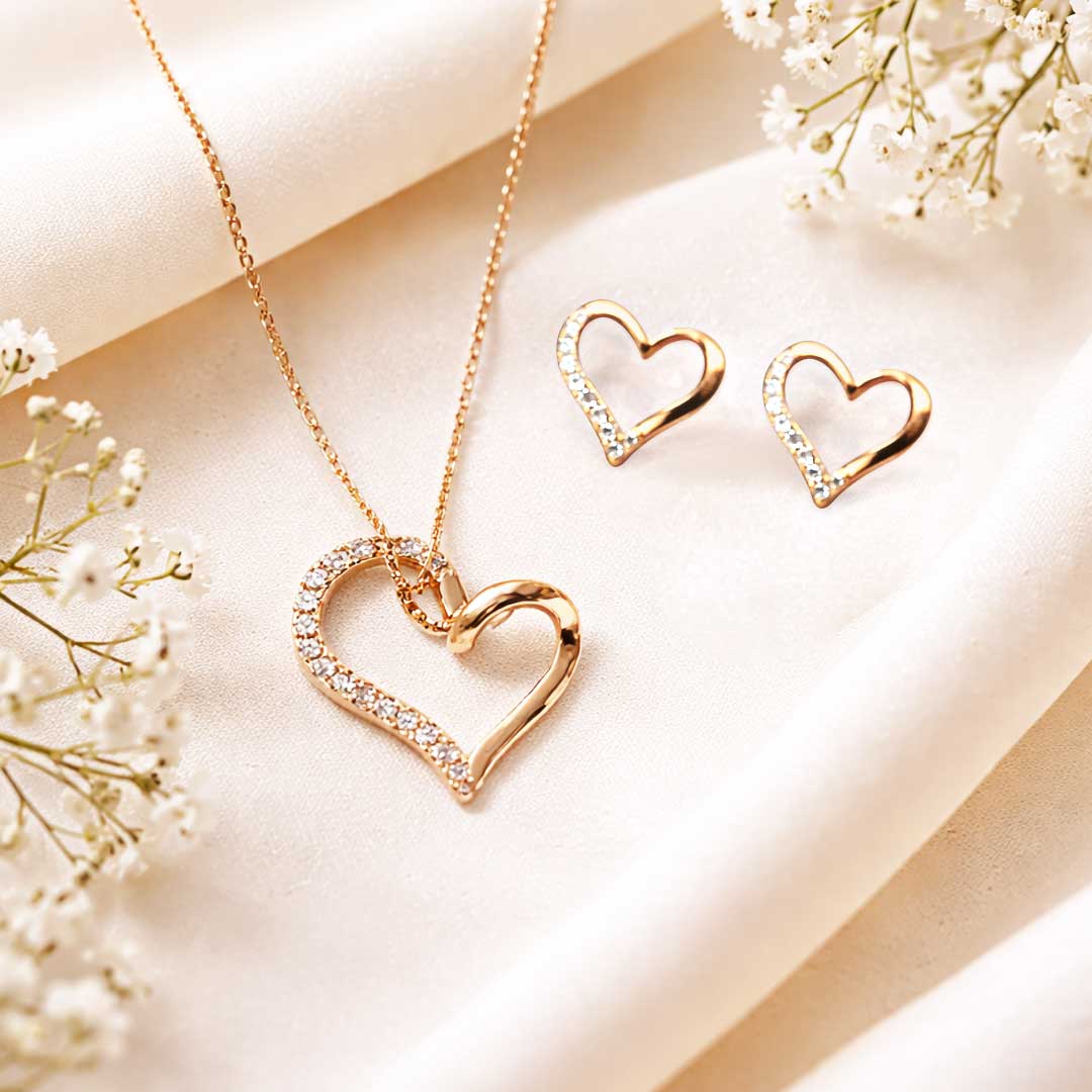 Suwasna Rose Gold Open Heart CZ Pendant Necklace Set with Matching Stud Earrings | Elegant Minimal Jewelry
