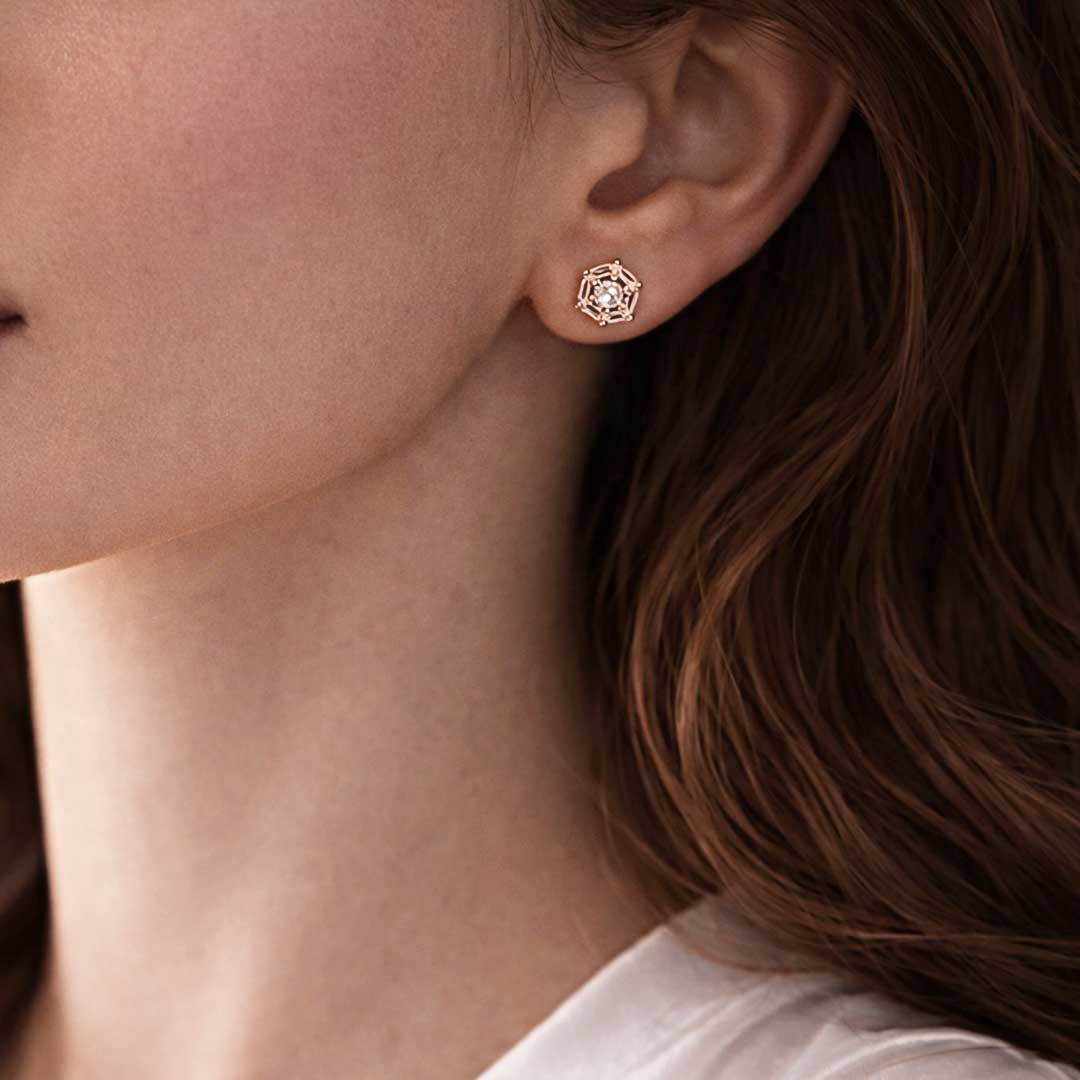 Suwasna Rose Gold Hexagon CZ Pendant Necklace Set with Matching Stud Earrings | Elegant Minimal Jewelry