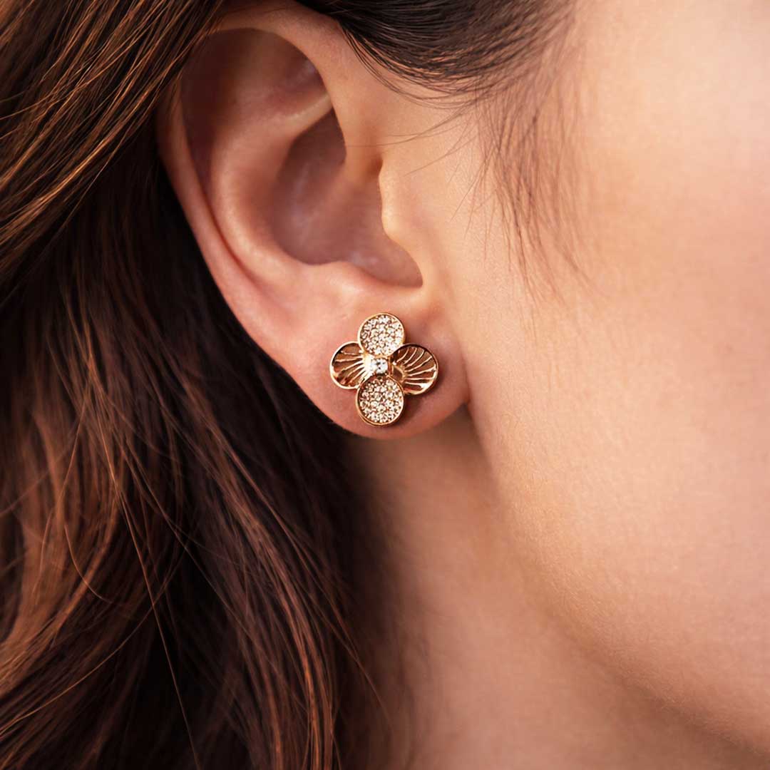 Suwasna Rose Gold Floral CZ Pendant Necklace Set with Matching Stud Earrings | Elegant Minimal Jewelry