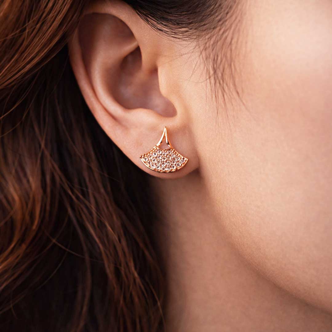 Suwasna Rose Gold Fan-Shaped CZ Pendant Necklace Set with Matching Stud Earrings | Elegant Minimal Jewelry