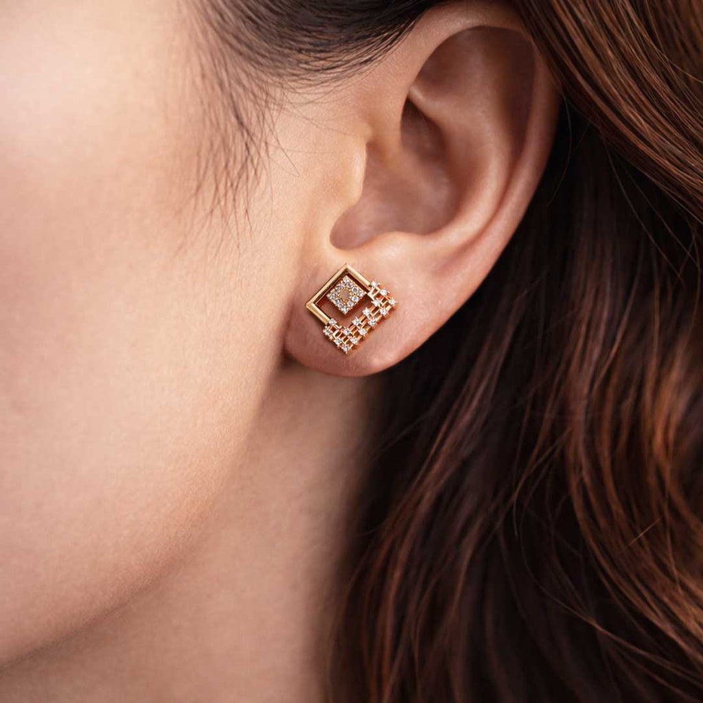 Suwasna Rose Gold Geometric Square CZ Pendant Necklace Set with Matching Stud Earrings | Elegant Minimal Jewelry