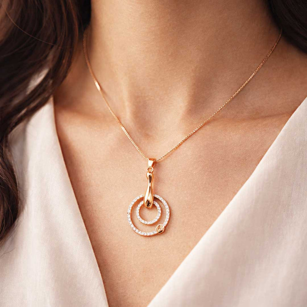 Suwasna Rose Gold Circular CZ Pendant Necklace Set with Matching Stud Earrings | Elegant Minimal Jewelry