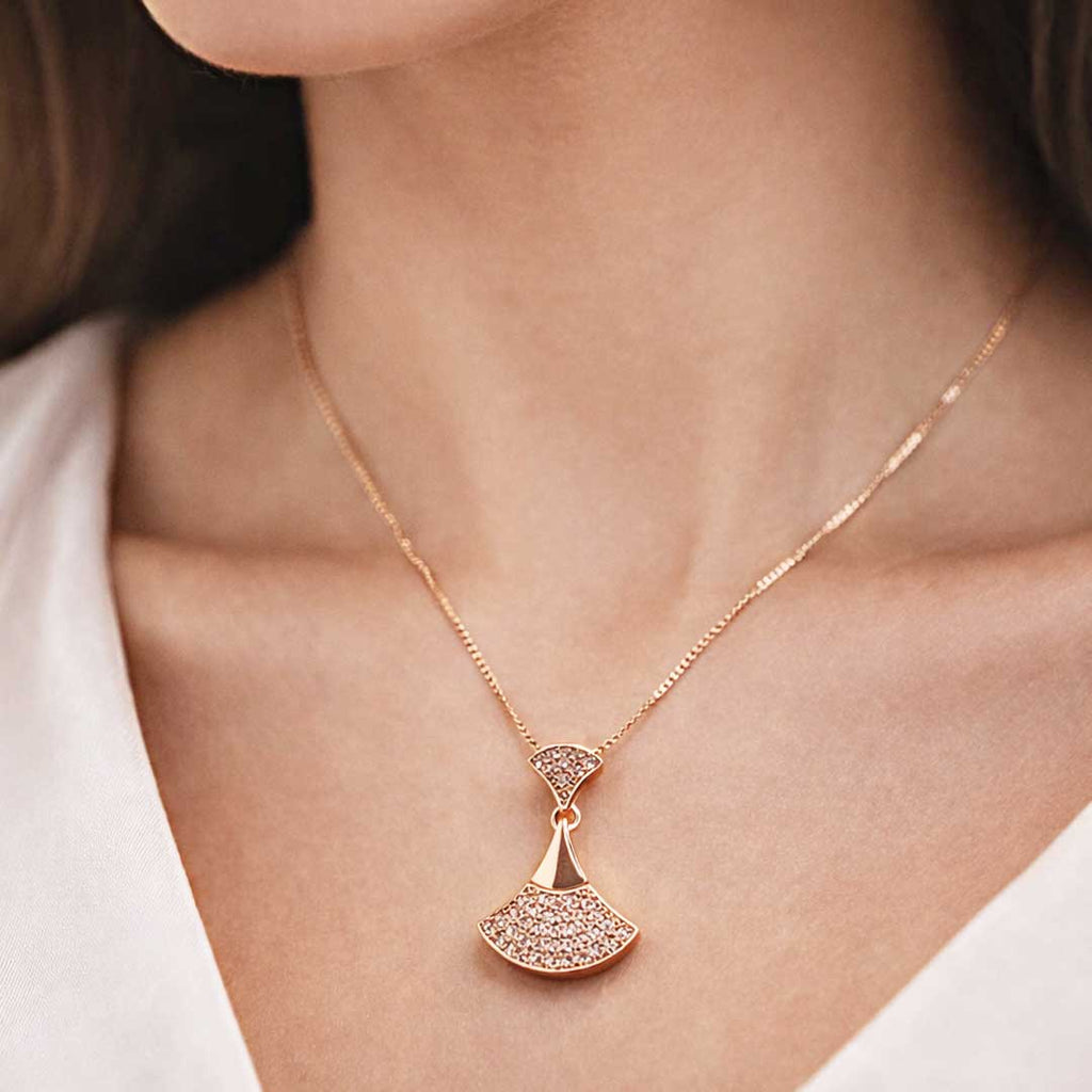 Suwasna Rose Gold Fan-Shaped CZ Pendant Necklace Set with Matching Stud Earrings | Elegant Minimal Jewelry