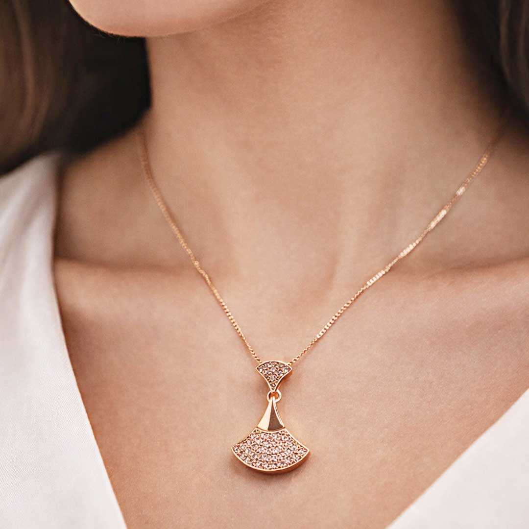 Suwasna Rose Gold Fan-Shaped CZ Pendant Necklace Set with Matching Stud Earrings | Elegant Minimal Jewelry