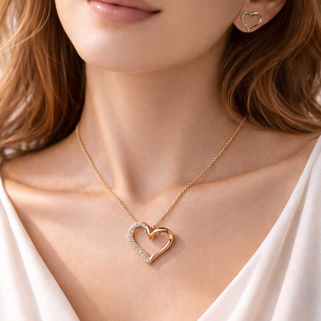 Suwasna Rose Gold Open Heart CZ Pendant Necklace Set with Matching Stud Earrings | Elegant Minimal Jewelry