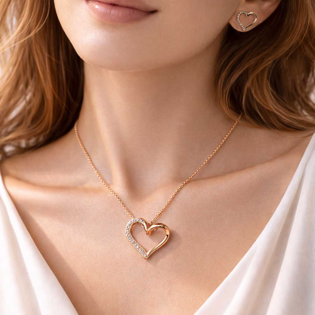 Suwasna Rose Gold Open Heart CZ Pendant Necklace Set with Matching Stud Earrings | Elegant Minimal Jewelry