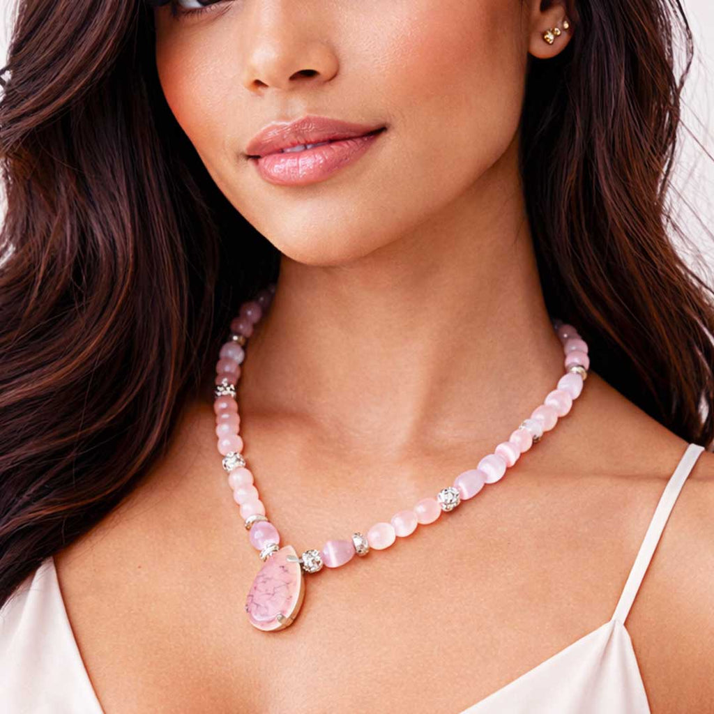 Suwasna Pink Beaded Necklace with Stone Pendant | Elegant Minimal Statement Jewelry