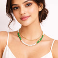 Suwasna Green Beaded & Pearl Layered Necklace with Anti-Tarnish Gold Chain | Elegant Minimal Jewelry