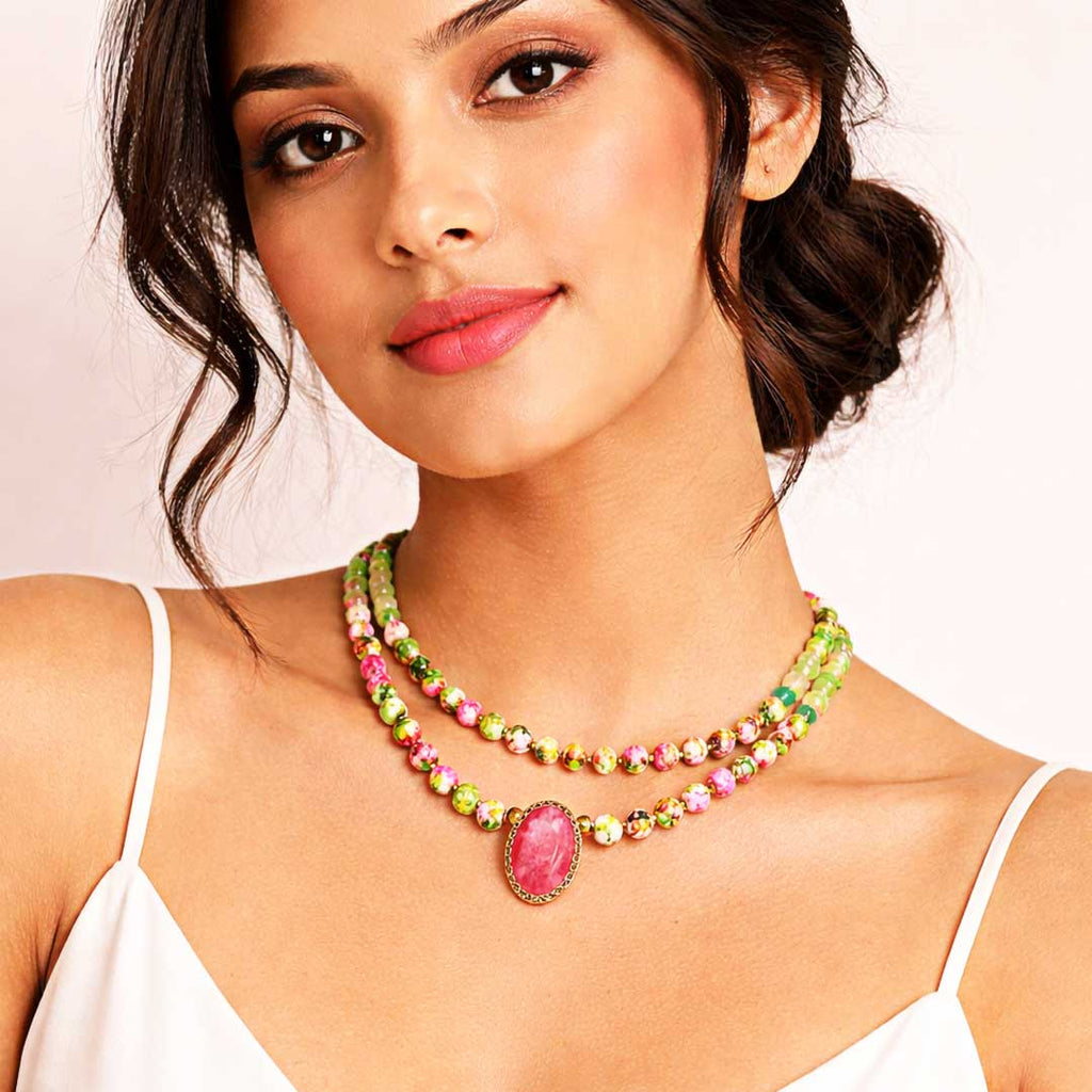 Suwasna Multicolor Beaded Double Layer Necklace with Pink Stone Pendant | Elegant Statement Jewelry