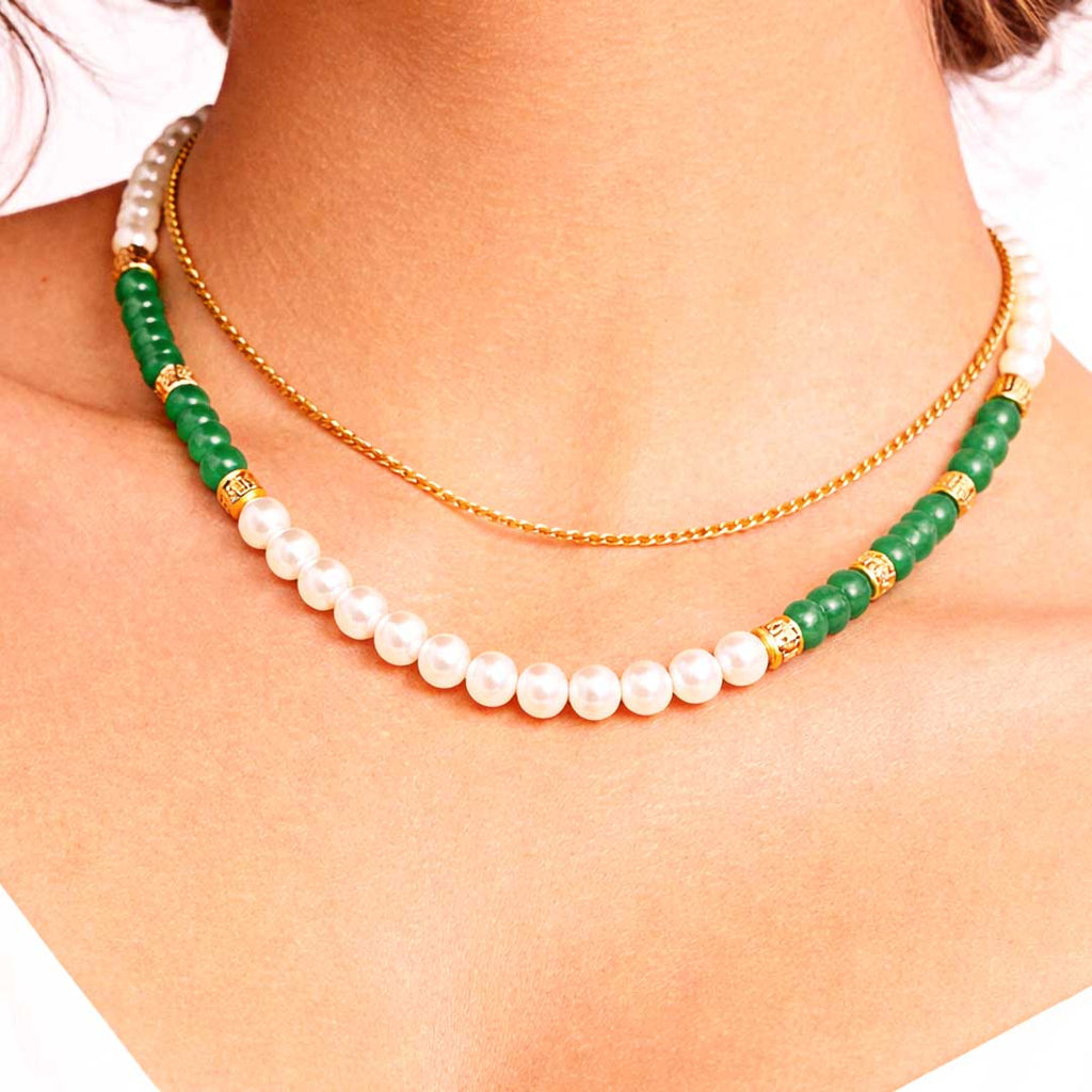 Suwasna Green Beaded & Pearl Layered Necklace with Anti-Tarnish Gold Chain | Elegant Minimal Jewelry