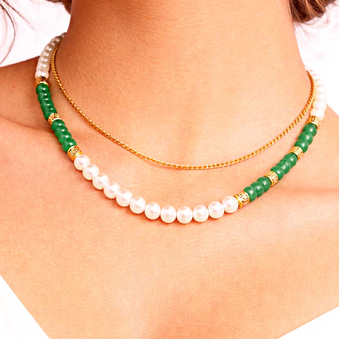 Suwasna Green Beaded & Pearl Layered Necklace with Anti-Tarnish Gold Chain | Elegant Minimal Jewelry