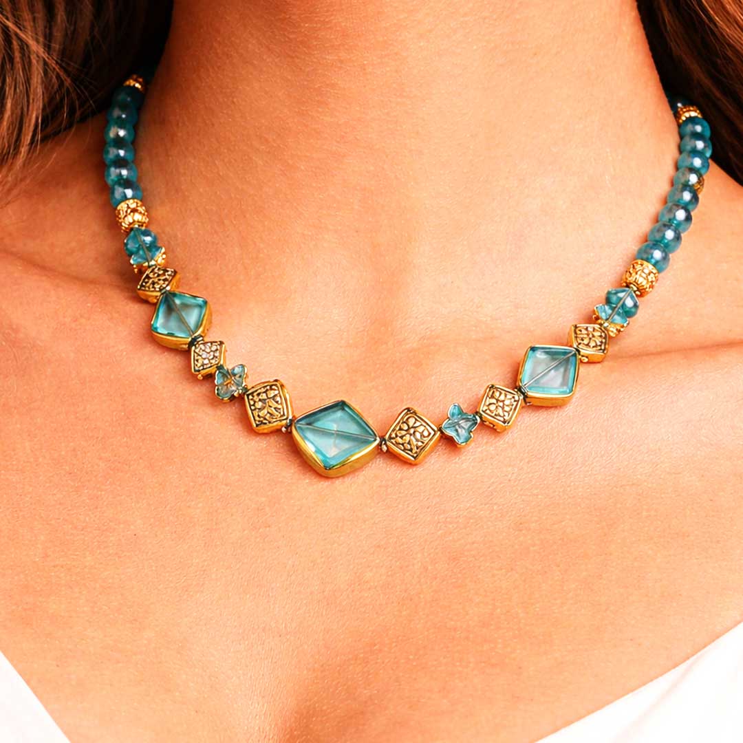 Suwasna Blue Beaded Geometric Necklace with Anti-Tarnish Gold Accents | Elegant Statement Jewelry