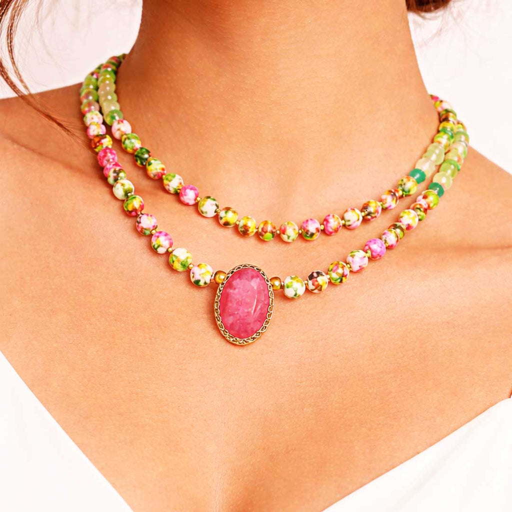 Suwasna Multicolor Beaded Double Layer Necklace with Pink Stone Pendant | Elegant Statement Jewelry