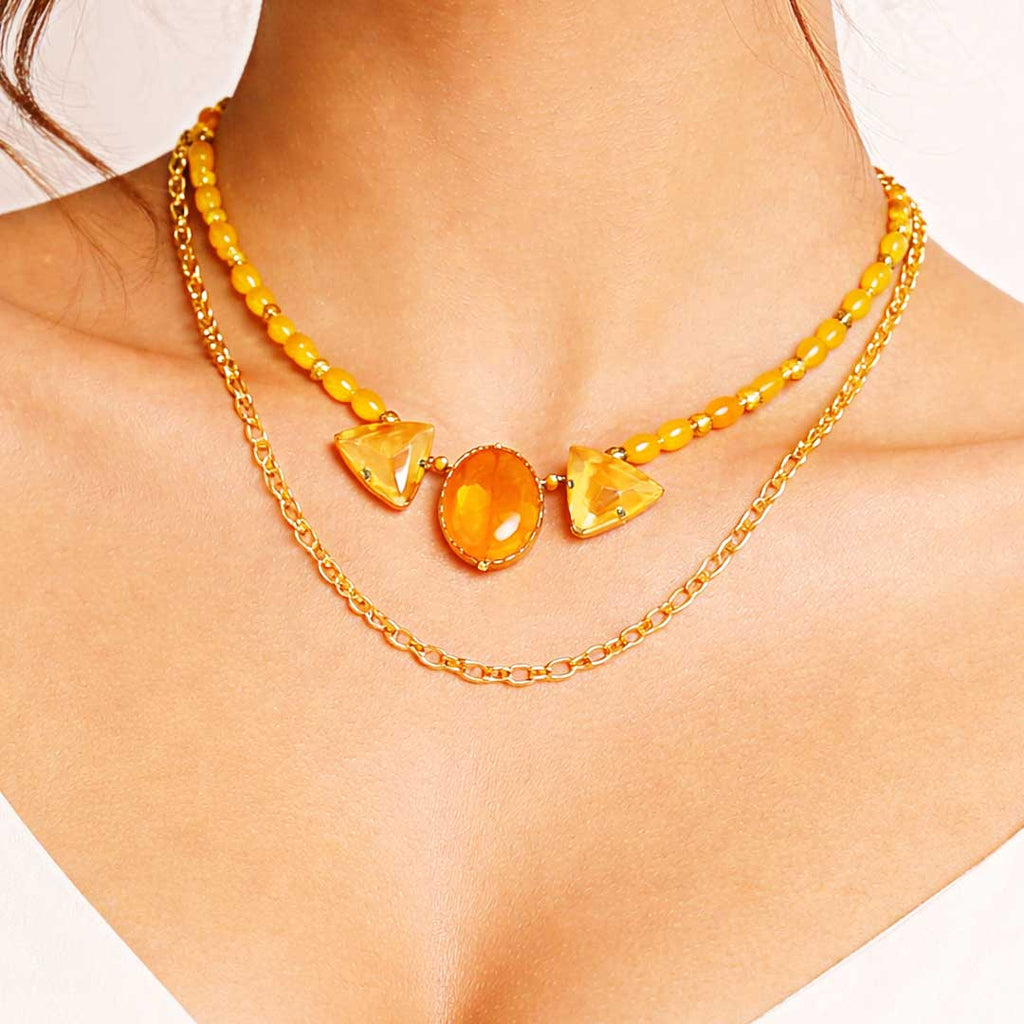 Suwasna Yellow Beaded Layered Necklace with Geometric Stone & Gold Chain | Elegant Statement Jewelry