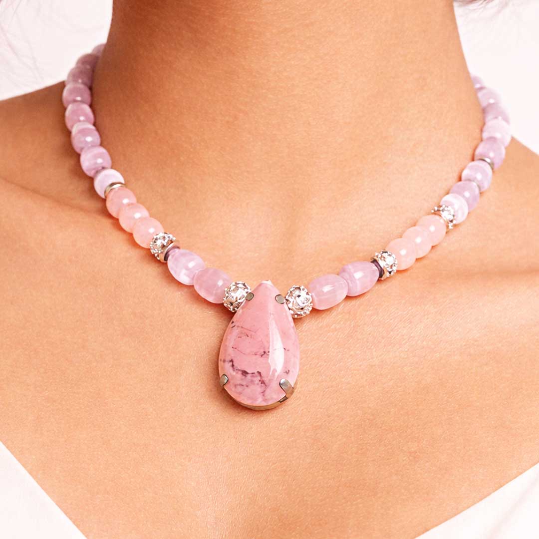 Suwasna Pink Beaded Necklace with Stone Pendant | Elegant Minimal Statement Jewelry