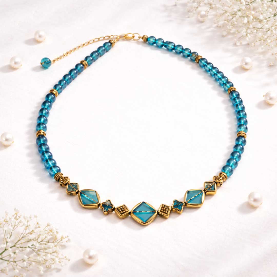 Suwasna Blue Beaded Geometric Necklace with Anti-Tarnish Gold Accents | Elegant Statement Jewelry