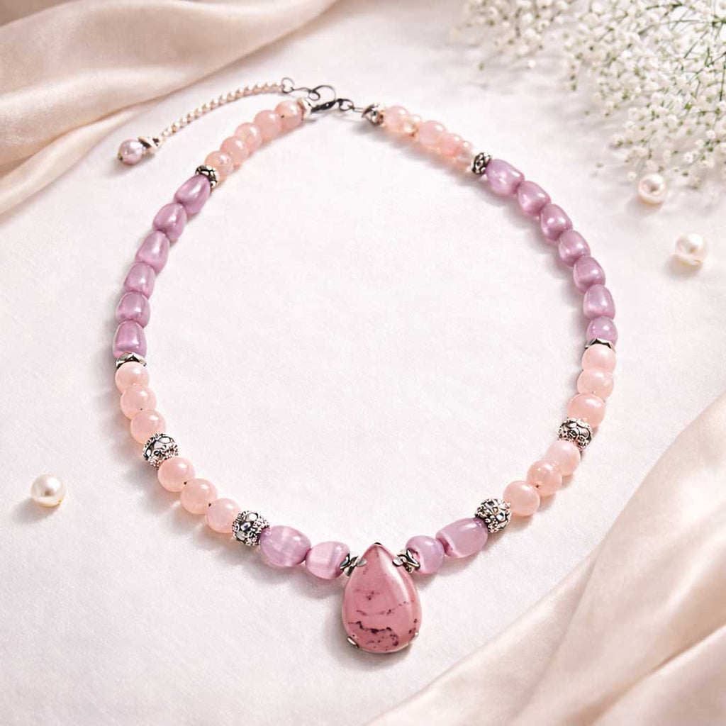 Suwasna Pink Beaded Necklace with Stone Pendant | Elegant Minimal Statement Jewelry