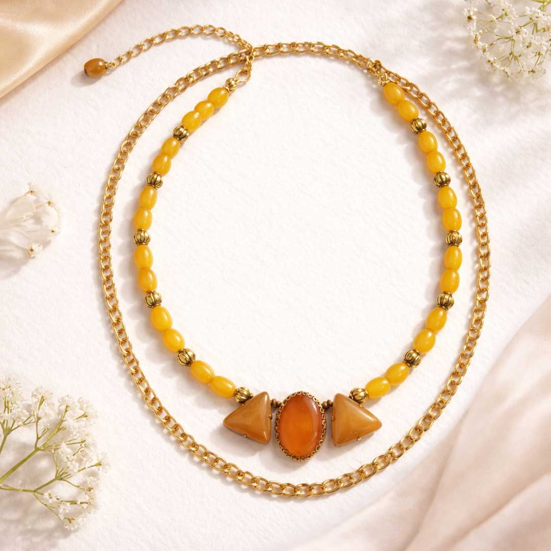 Suwasna Yellow Beaded Layered Necklace with Geometric Stone & Gold Chain | Elegant Statement Jewelry