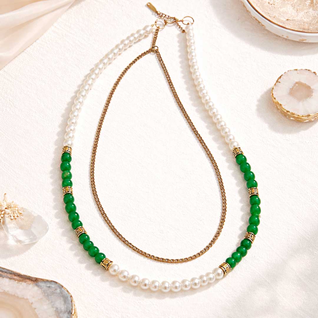 Suwasna Green Beaded & Pearl Layered Necklace with Anti-Tarnish Gold Chain | Elegant Minimal Jewelry