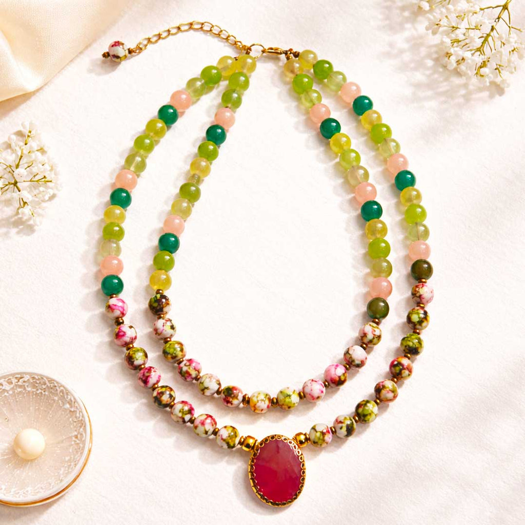 Suwasna Multicolor Beaded Double Layer Necklace with Pink Stone Pendant | Elegant Statement Jewelry