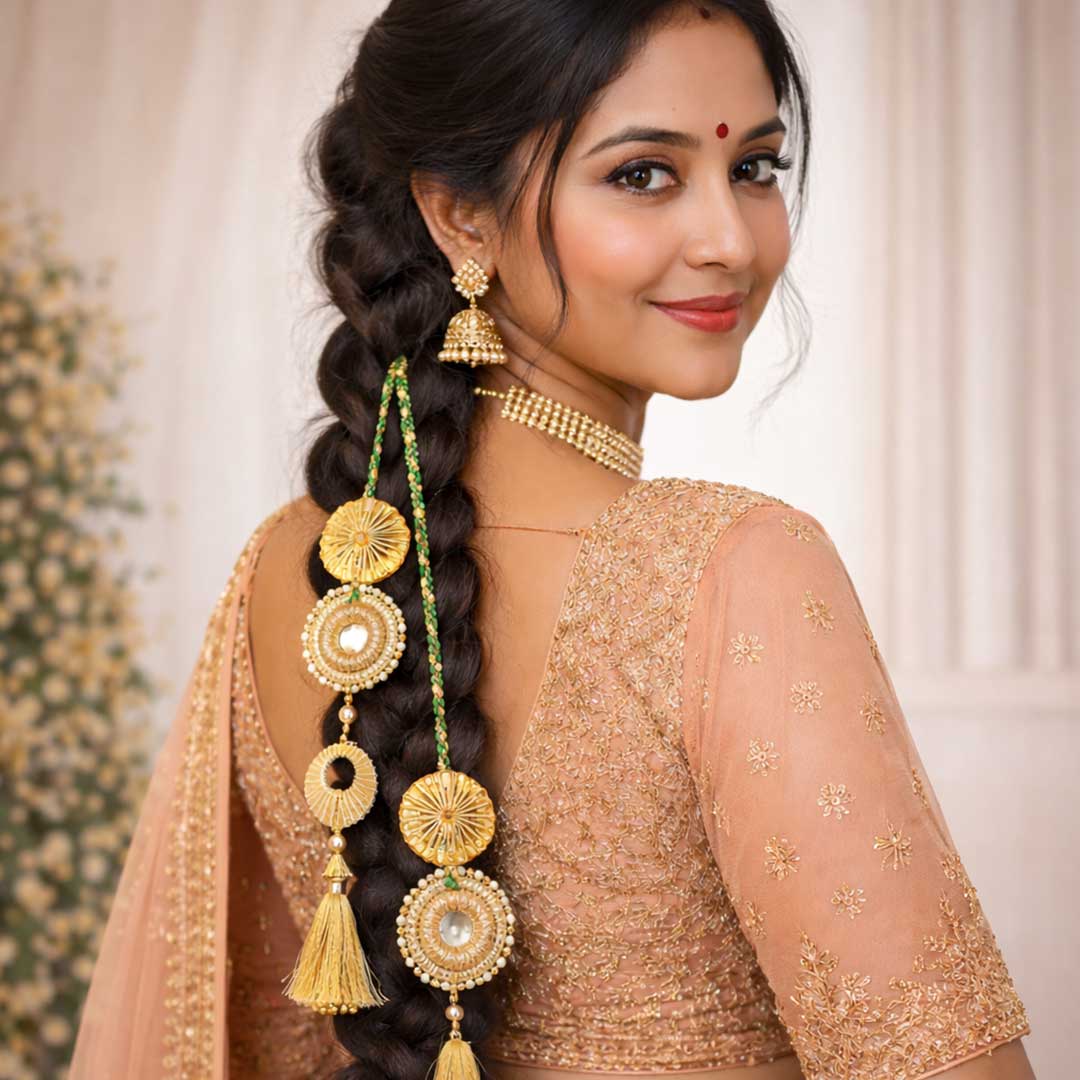 Suwasna Emerald Green & Gold Mirror Tassel Parandi with Pearl Accents | Ethnic Hair Accessory