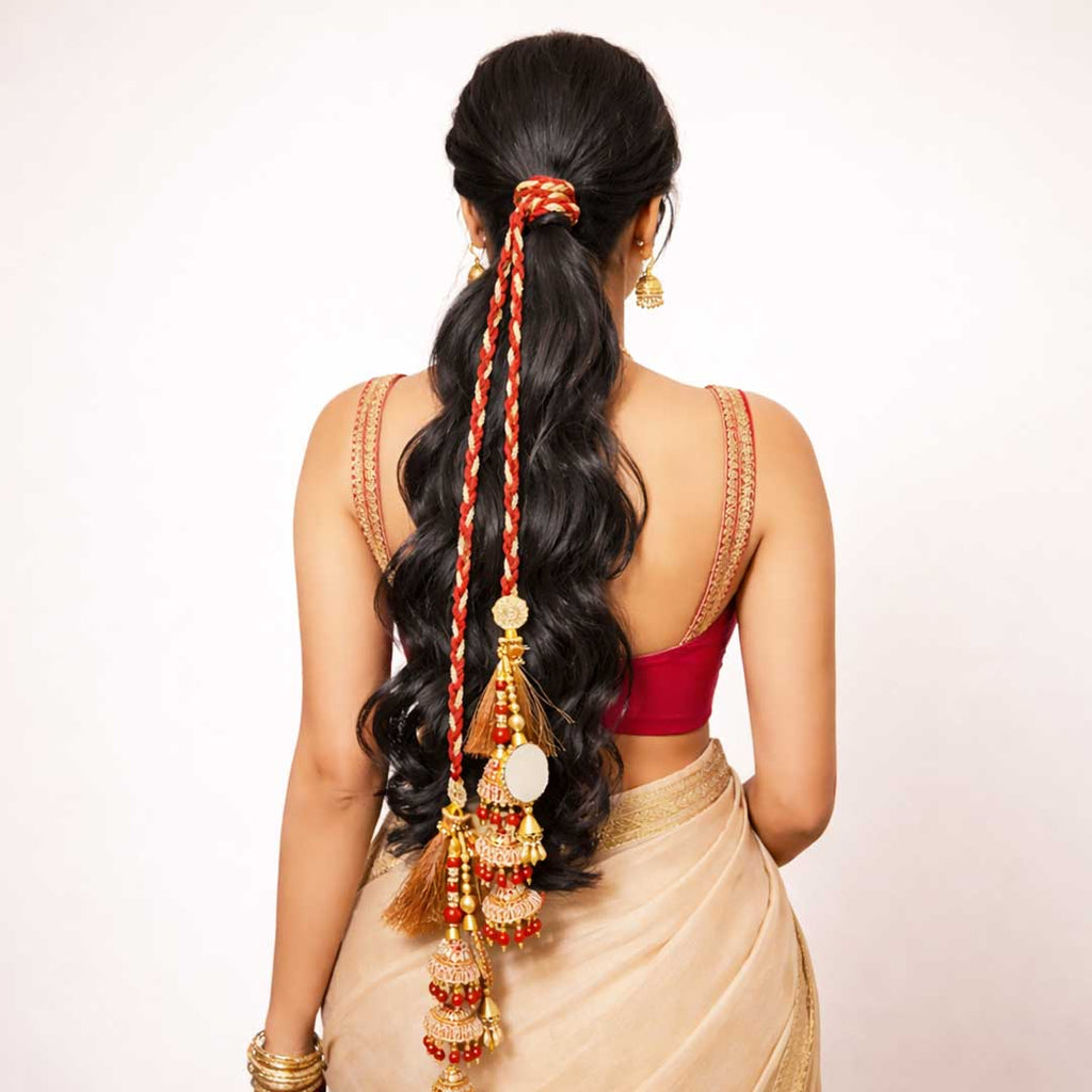 Suwasna Red Cone Parandi with Large Round Mirror Hanging for Women | Ethnic & Traditional Hair Accessory