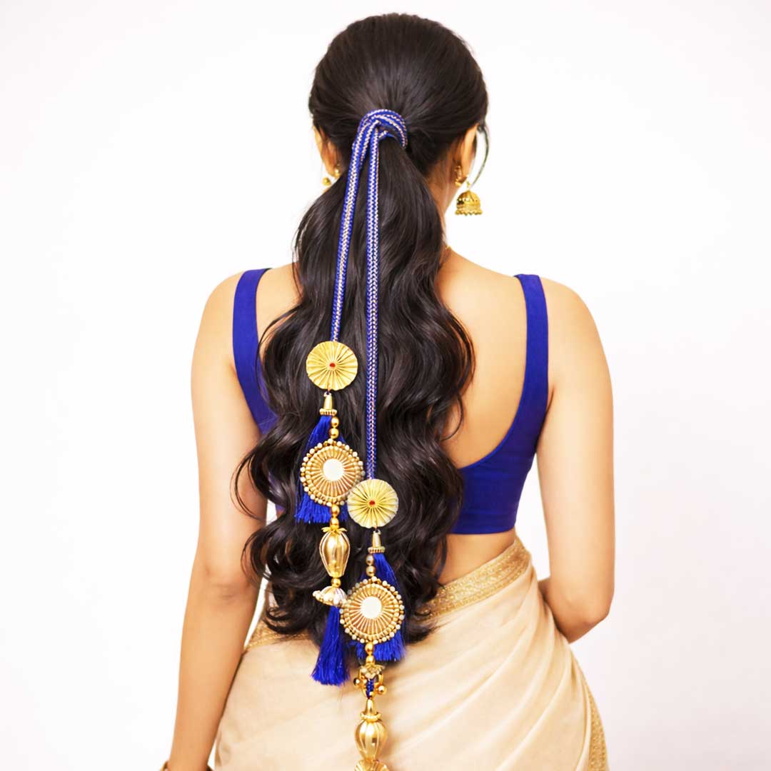 Suwasna Blue & Gold Tassel Parandi for Women | Ethnic & Traditional Hair Accessory