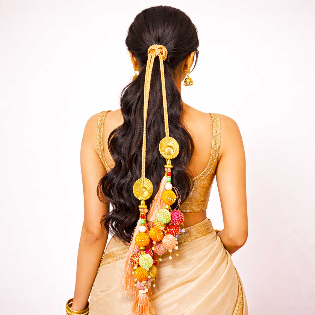 Suwasna Peach Parandi with Multicolor Tassels for Women | Ethnic & Traditional Hair Accessory