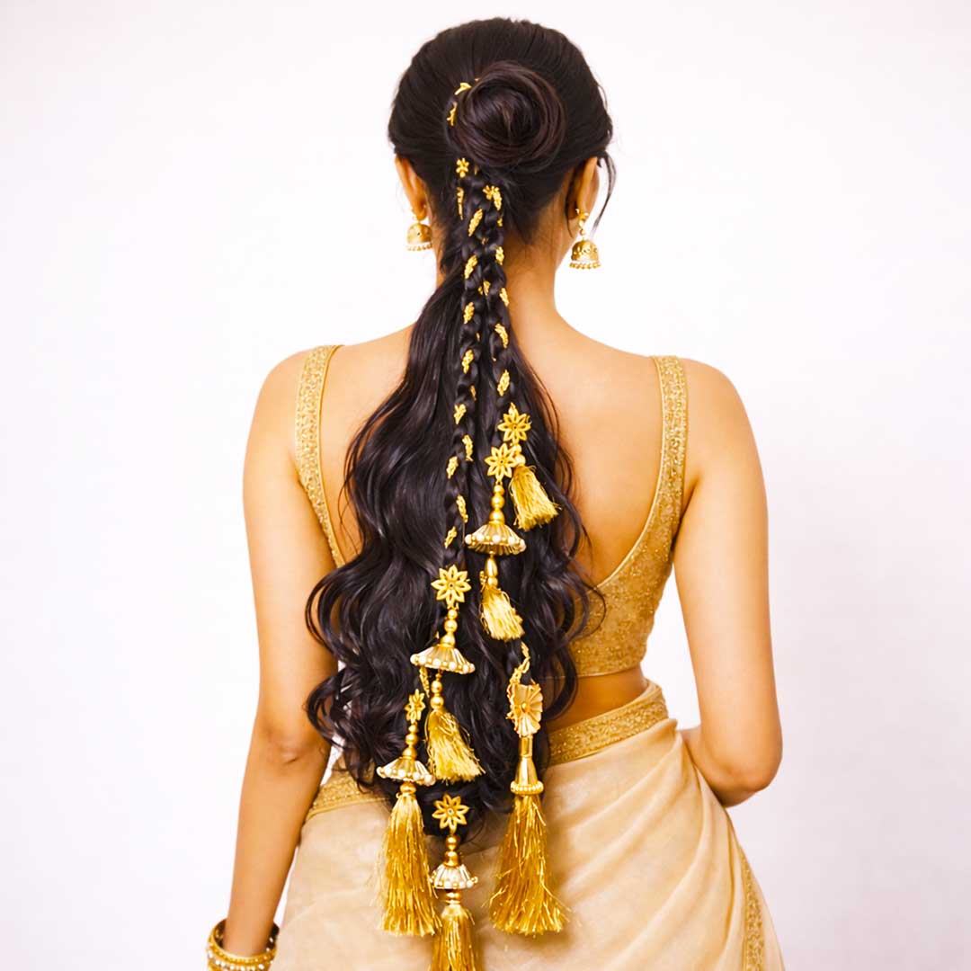 Suwasna Black & Gold Multi Tassel Parandi for Women | Ethnic & Traditional Hair Accessory