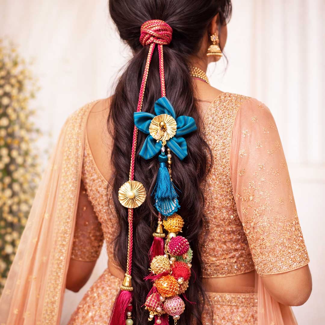 Blue Big Flower Parandi with Multicolor Crochet Weaving Tassels for Women | Ethnic & Traditional Hair Accessory