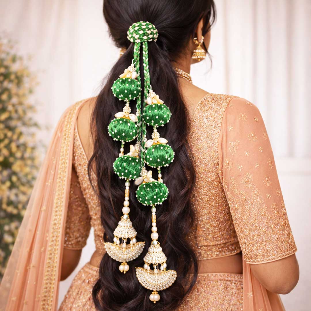 Suwasna Emerald Green Beaded Tassel Parandi with Pearl & Kundan Accents | Traditional Hair Accessory