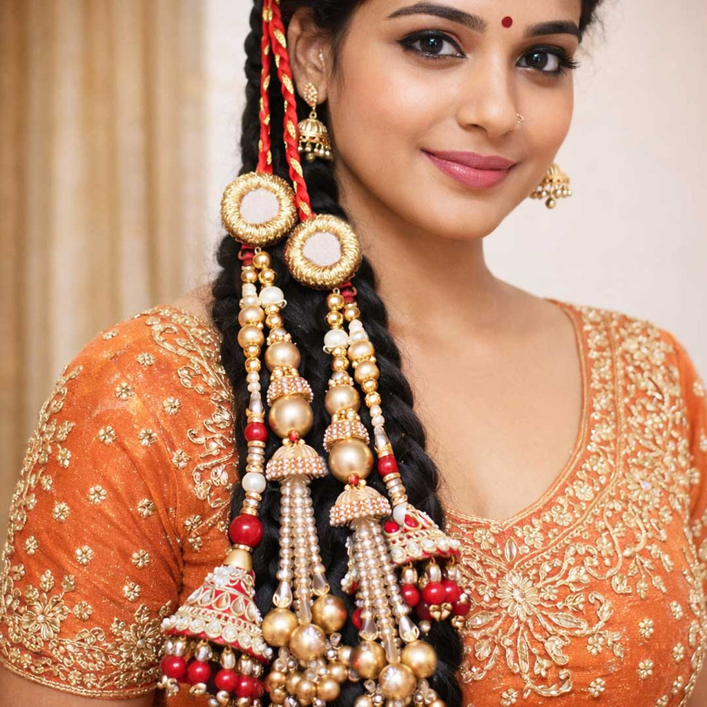 Suwasna Red & Gold Jhumka Crystal Beads Tassel Parandi | Traditional Ethnic Hair Accessory C