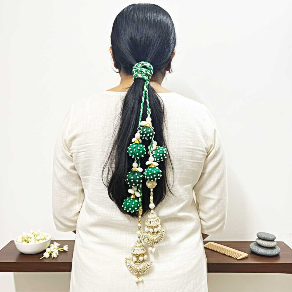 Suwasna Emerald Green Beaded Tassel Parandi with Pearl & Kundan Accents | Traditional Hair Accessory