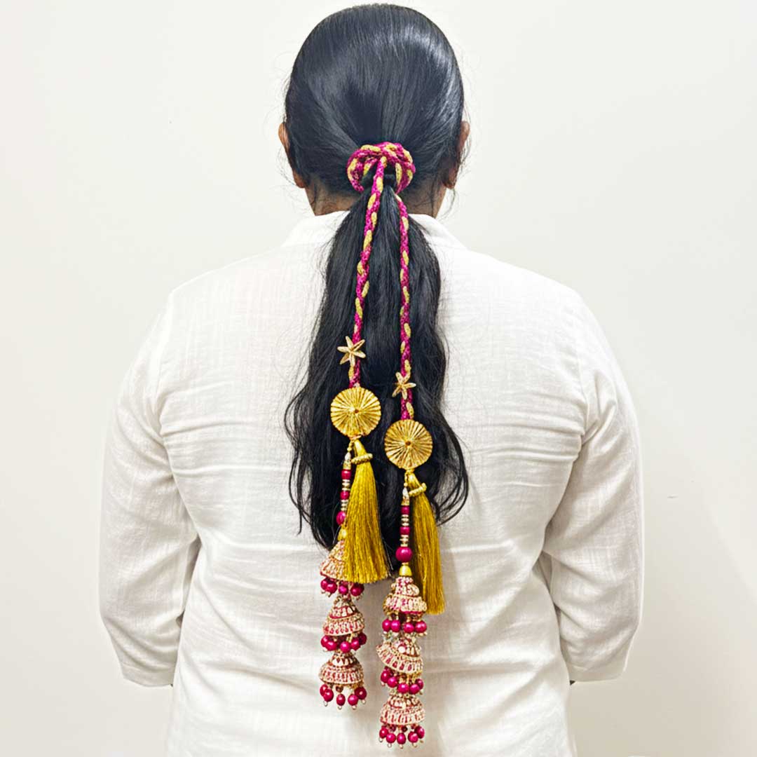 Suwasna Rani Pink 3-Cone Parandi with Gold Tassels for Women | Ethnic & Traditional Hair Accessory