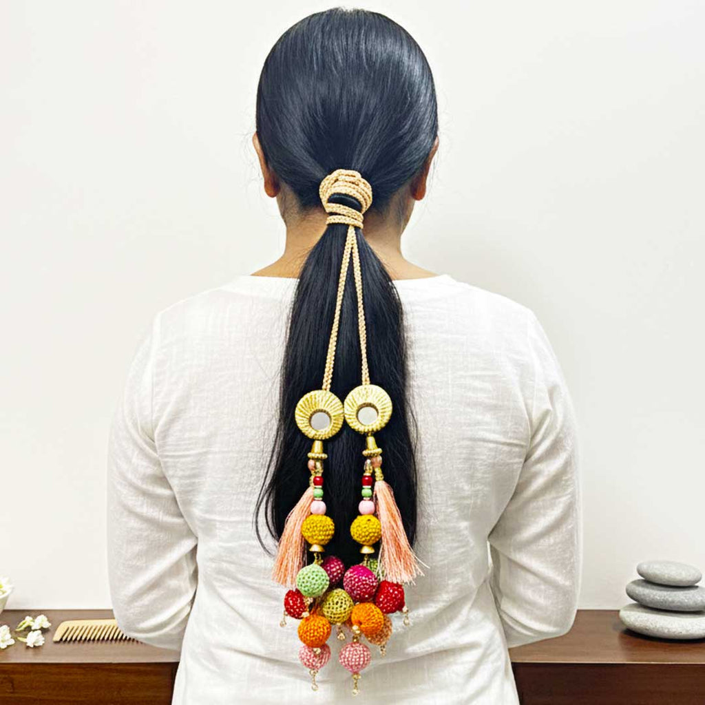 Suwasna Peach Parandi with Multicolor Tassels for Women | Ethnic & Traditional Hair Accessory A