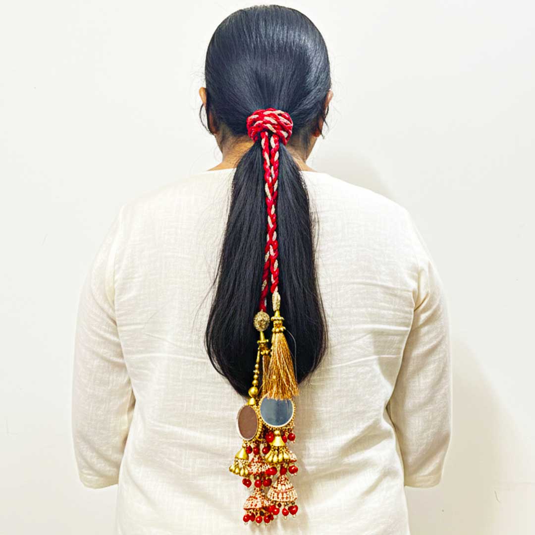 Suwasna Red Cone Parandi with Large Round Mirror Hanging for Women | Ethnic & Traditional Hair Accessory