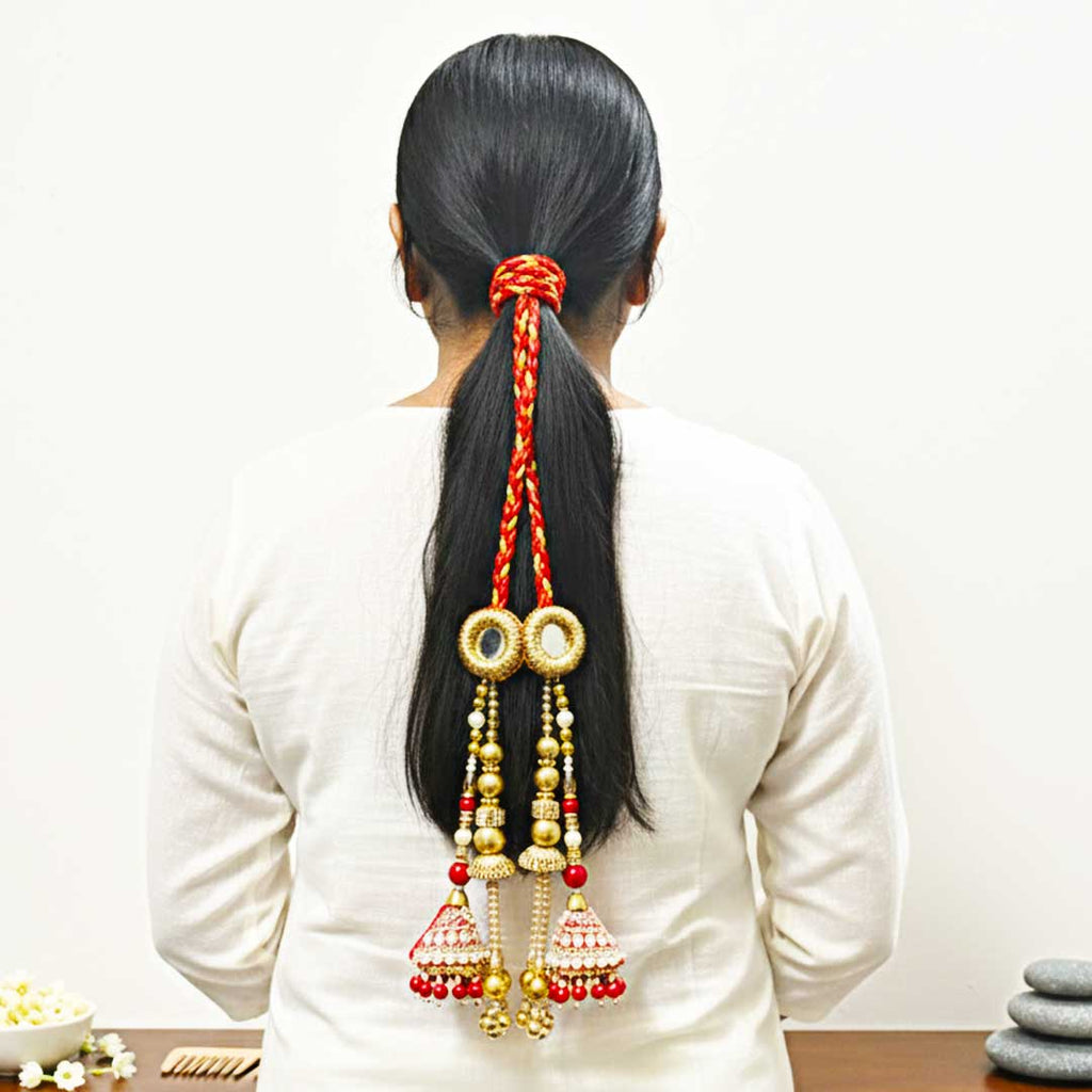 Suwasna Red & Gold Jhumka Crystal Beads Tassel Parandi | Traditional Ethnic Hair Accessory D