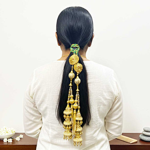 Suwasna Golden 3-Cone Jhumka Parandi with Green & Gold Braided Dori | Traditional Ethnic Hair Accessory