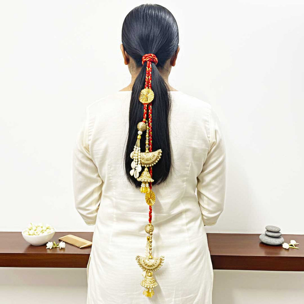 Suwasna Red & Gold Shell Jhumka Parandi with Pearl Tassels | Traditional Ethnic Hair Accessory C