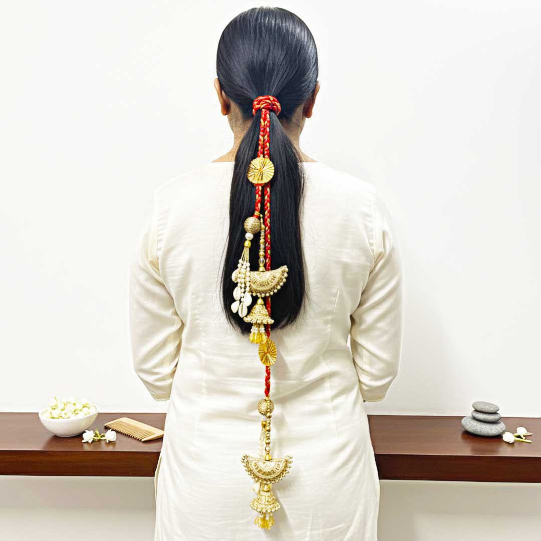 Suwasna Red & Gold Shell Jhumka Parandi with Pearl Tassels | Traditional Ethnic Hair Accessory