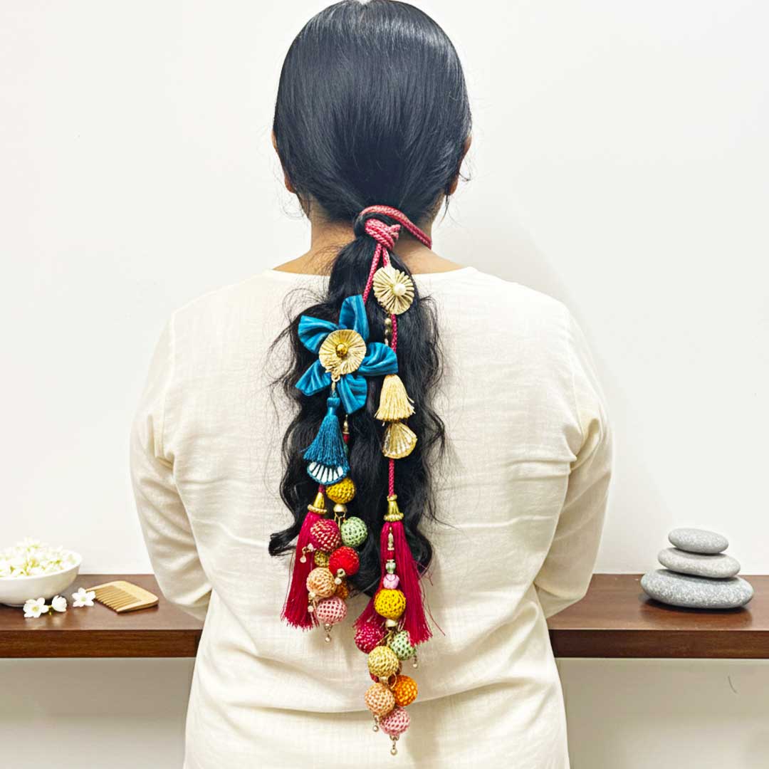 Blue Big Flower Parandi with Multicolor Crochet Weaving Tassels for Women | Ethnic & Traditional Hair Accessory